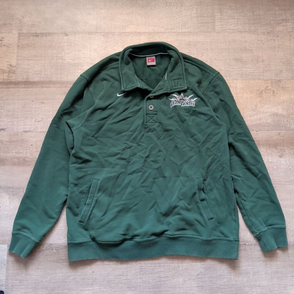 Nike Team De La Salle Spartans Pullover Sweatshirt Mens L Green Mock Neck Button